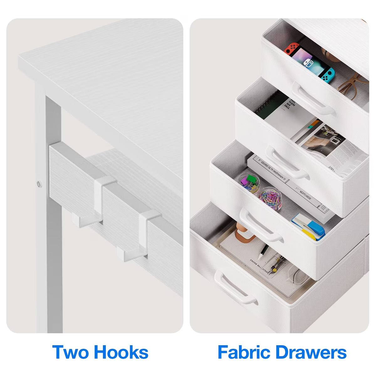 Reversible L Shaped Corner Desk with Charging Station and Drawers, Modern Office & Gaming Desk, Pure White