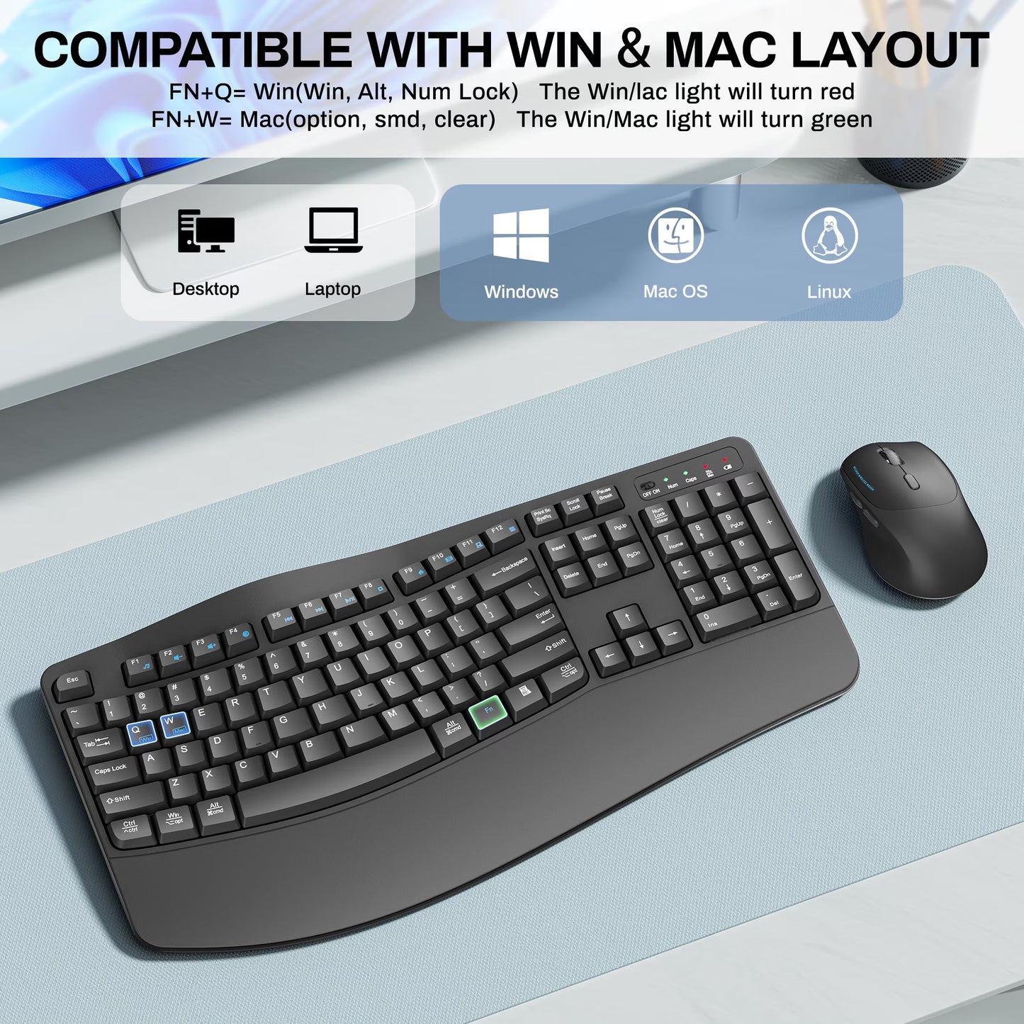 Wireless Wave Keys Combo, Ergonomic Keyboard and Mouse, 2.4Ghz, Full Size, Comfortable Natural Typing, for Laptop, Mac, Windows (Grey)