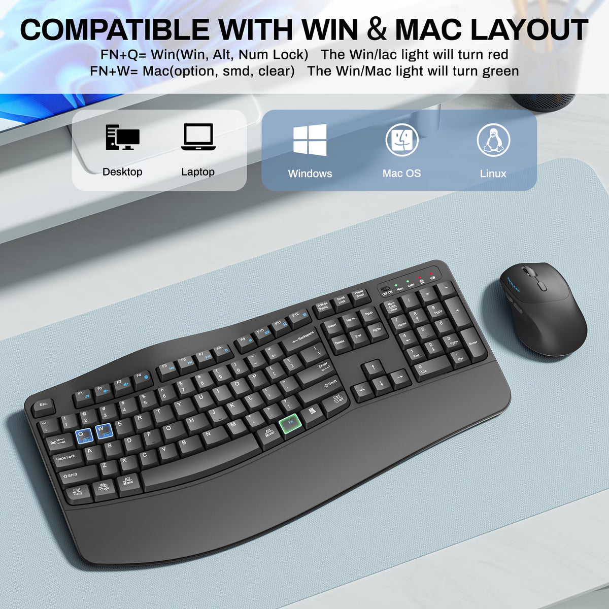 Wireless Wave Keys Combo, Ergonomic Keyboard and Mouse, 2.4Ghz, Full Size, Comfortable Natural Typing, for Laptop, Mac, Windows (Grey)