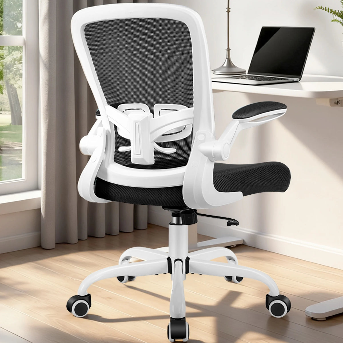Ergonomic Office Chair, Home Office Desk Chair, Comfort Mesh Task Chair with Adjustable Lumbar Support and Flip up Arms, White