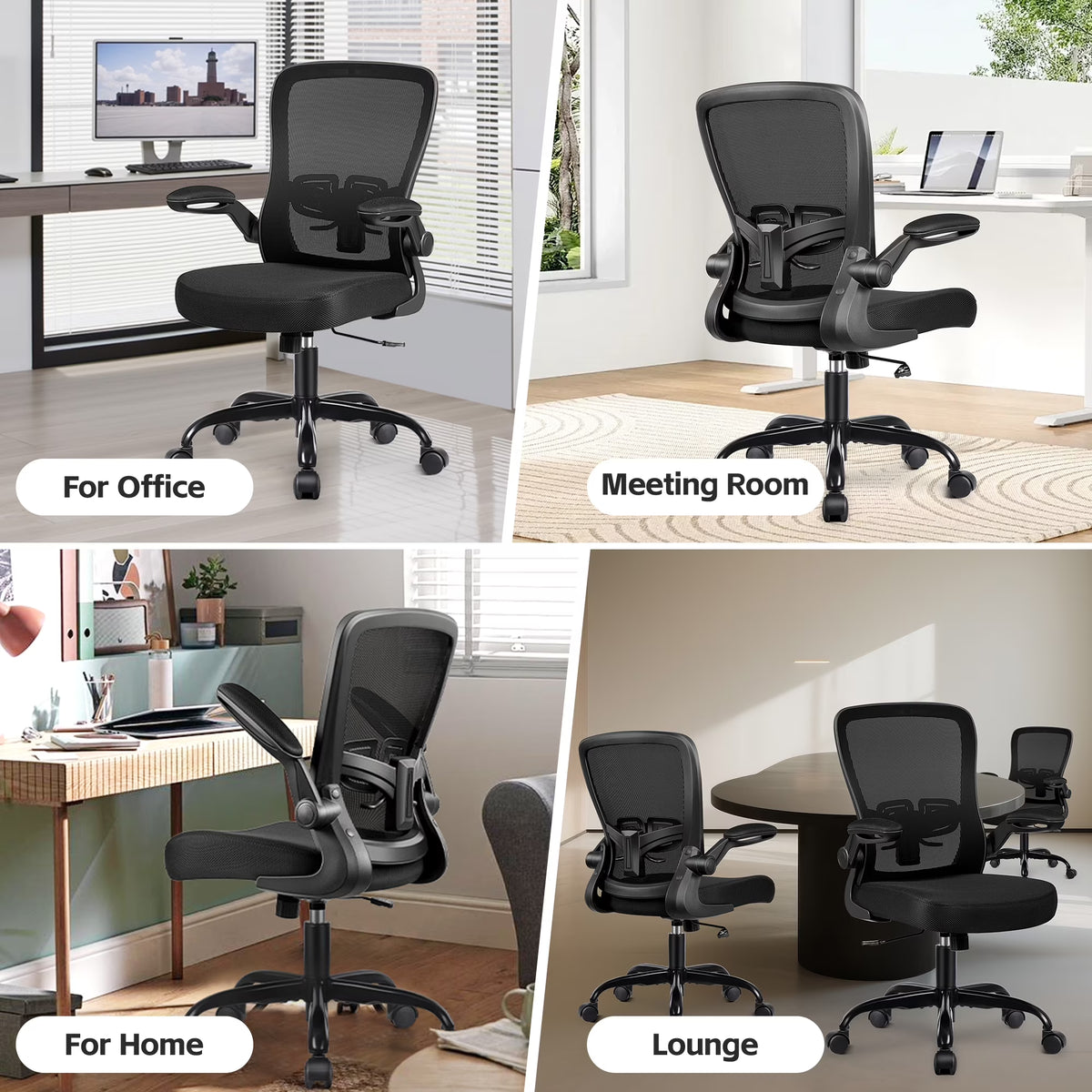 Ergonomic Office Chair, Home Office Desk Chair, Comfort Mesh Task Chair with Adjustable Lumbar Support and Flip up Arms, Black