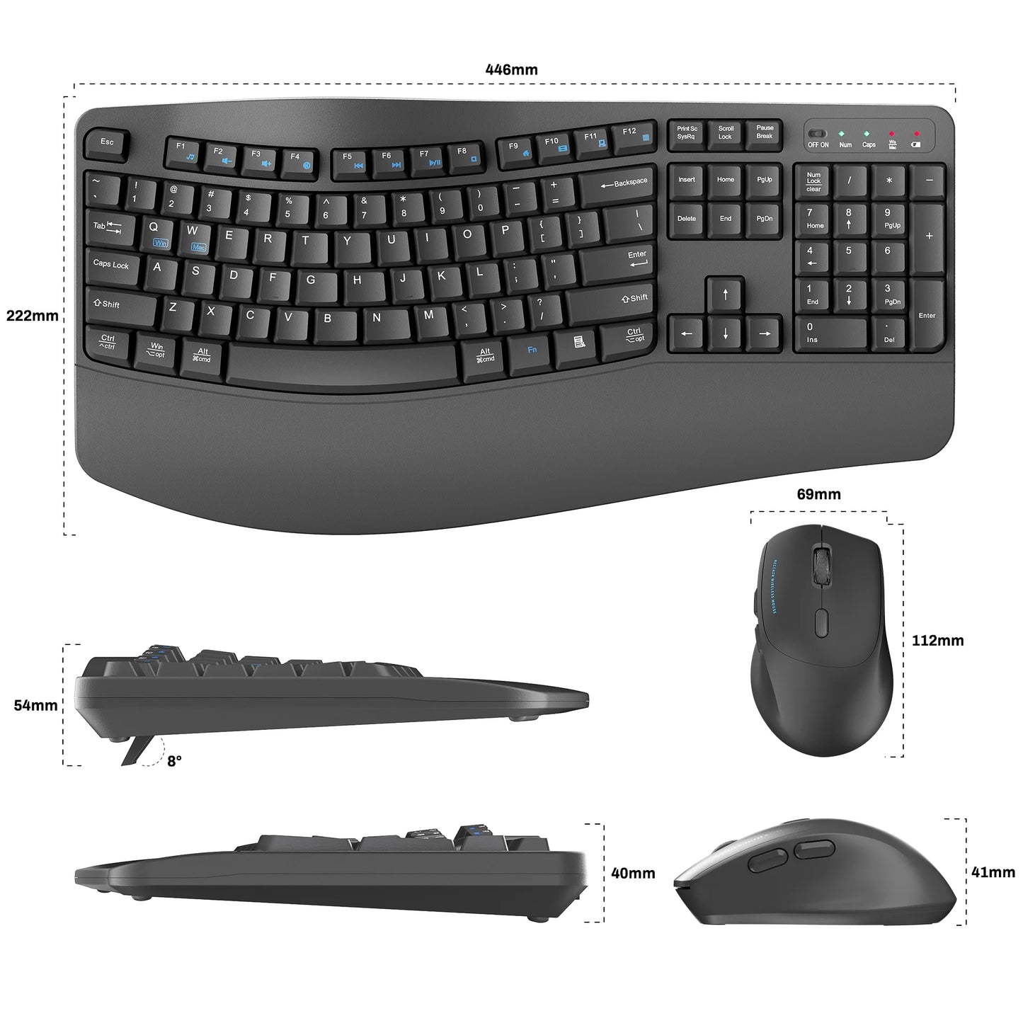 Wireless Wave Keys Combo, Ergonomic Keyboard and Mouse, 2.4Ghz, Full Size, Comfortable Natural Typing, for Laptop, Mac, Windows (Grey)