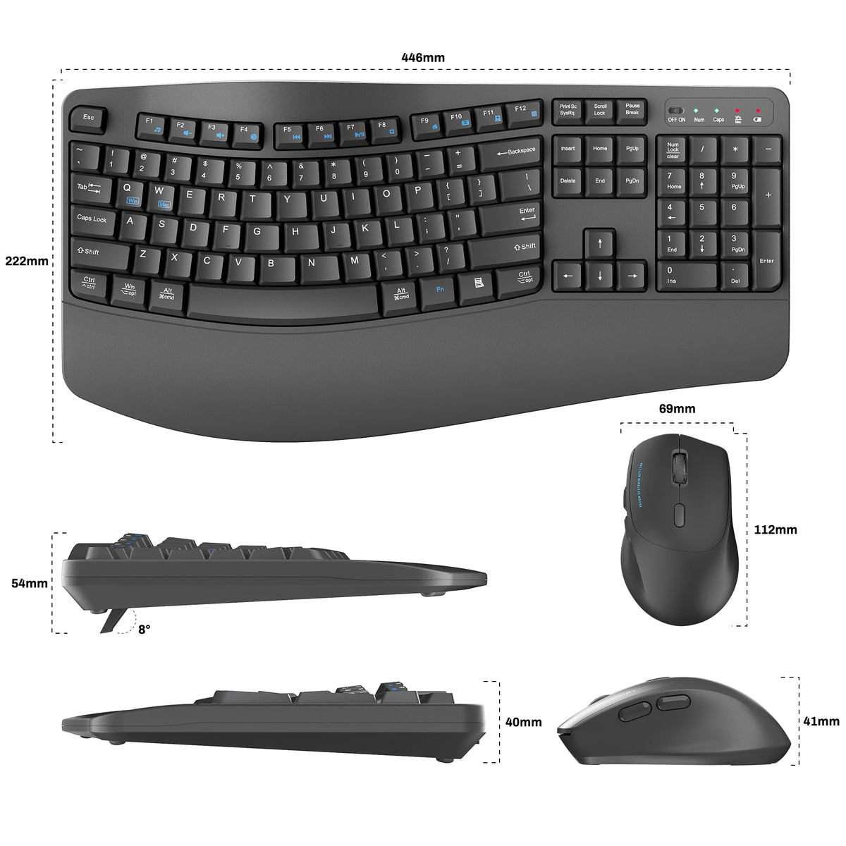 Wireless Wave Keys Combo, Ergonomic Keyboard and Mouse, 2.4Ghz, Full Size, Comfortable Natural Typing, for Laptop, Mac, Windows (Grey)