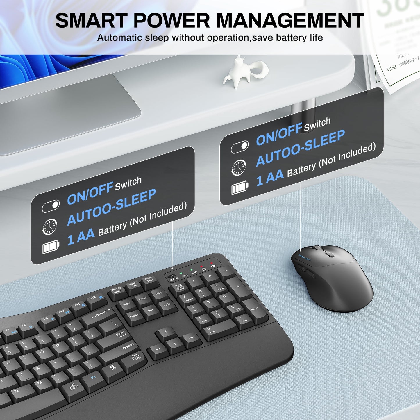 Wireless Wave Keys Combo, Ergonomic Keyboard and Mouse, 2.4Ghz, Full Size, Comfortable Natural Typing, for Laptop, Mac, Windows (Grey)