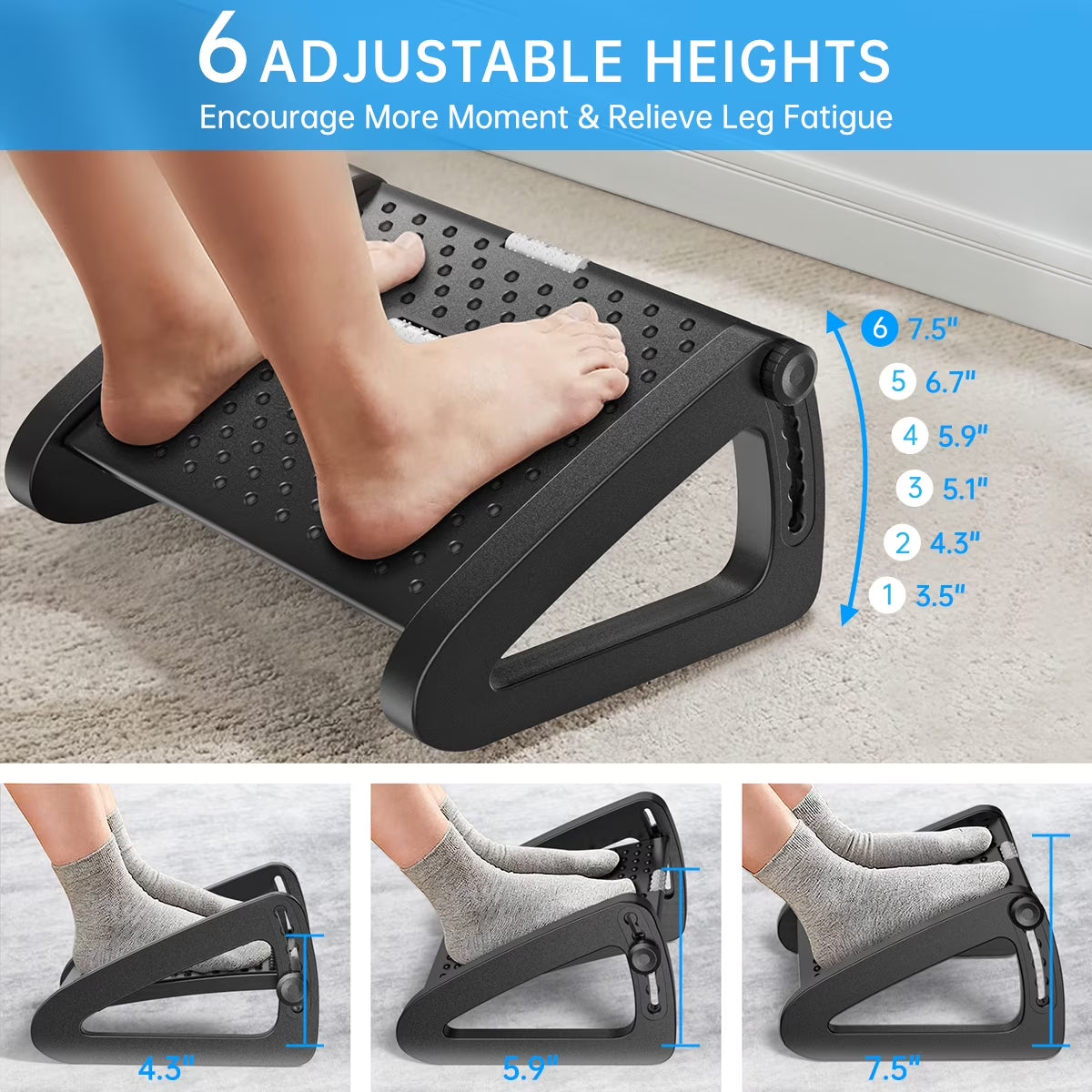 Foot Rests, Adjustable under Desk Footrest with 6 Height Position&Massage Surface, Ergonomic Foot Stool under Desk at Work for Improved Circulation and Posture,Home, Office(Black)